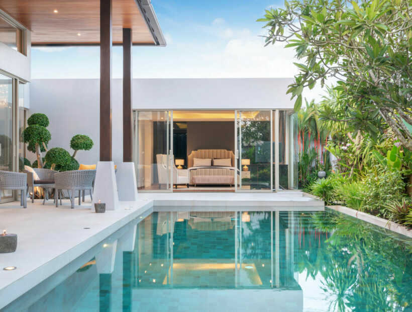 home or house building Exterior and interior design showing tropical pool villa with green garden and bedroom